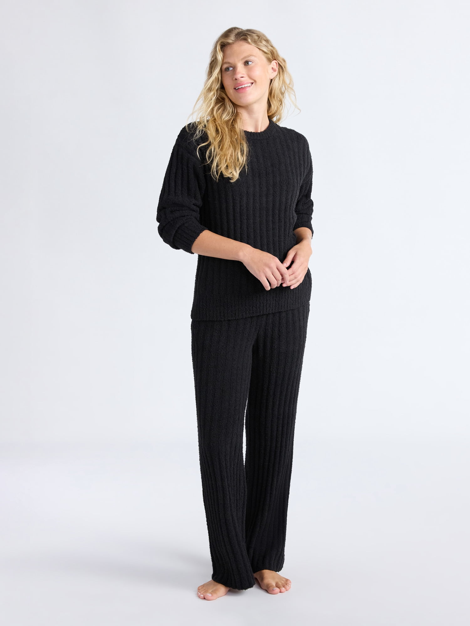 Joyspun Women's Cozy Ribbed Crewneck Top and Wide-Leg Pants Set, 2-Piece, Sizes XS-3X