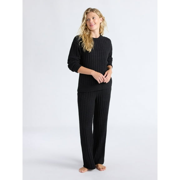 Joyspun Women's Cozy Ribbed Crewneck Top and Wide-Leg Pants Set, 2-Piece, Sizes XS-3X
