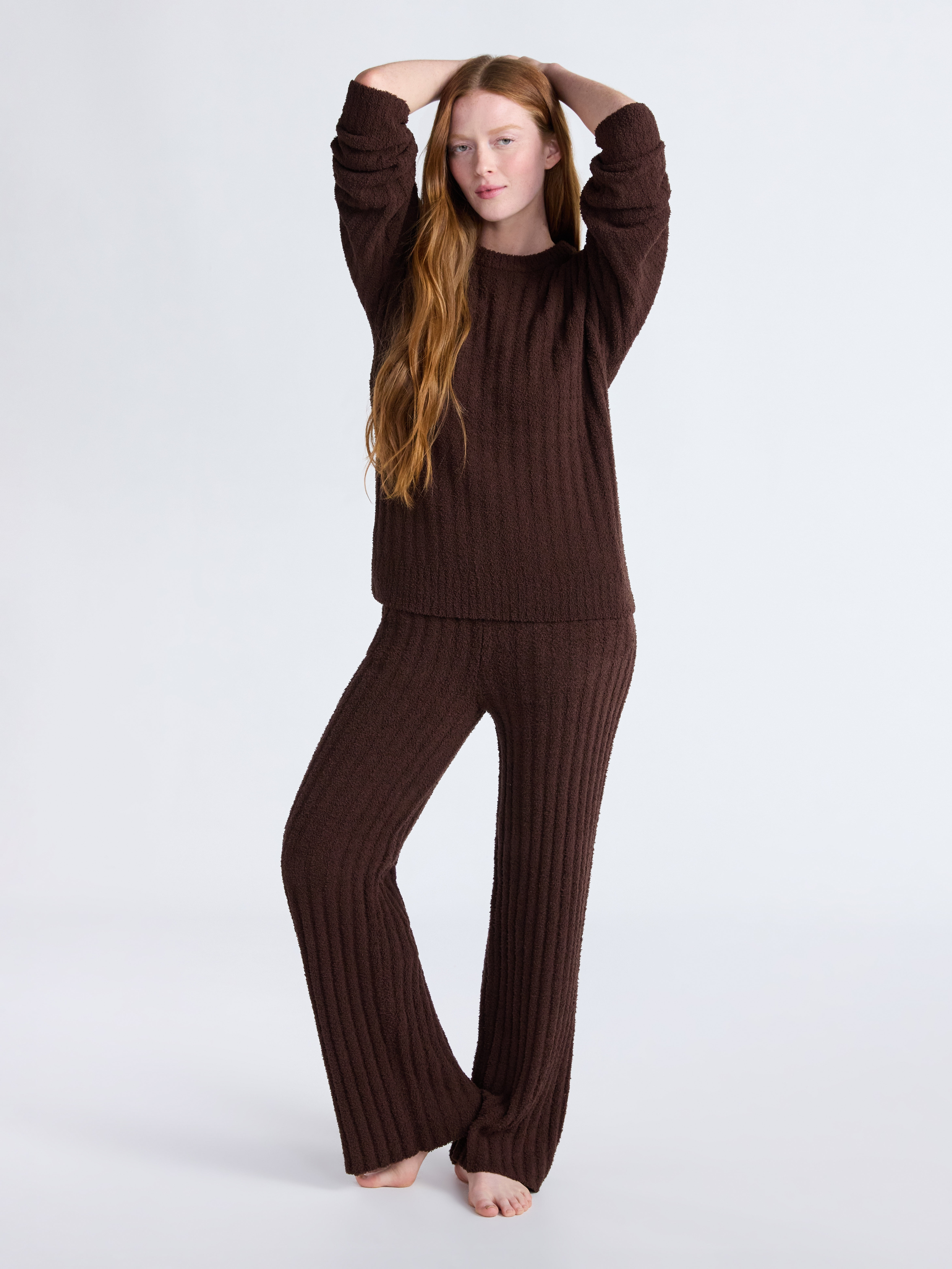 Joyspun Women's Cozy Ribbed Crewneck Top and Wide-Leg Pants Set, 2