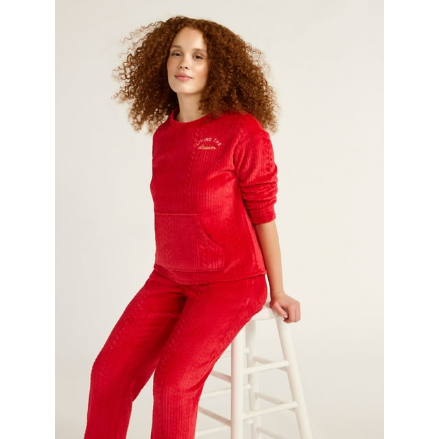 Joyspun Women’s and Women’s Plus Crew Neck Plush Pajama Set, Sizes XS-3XL