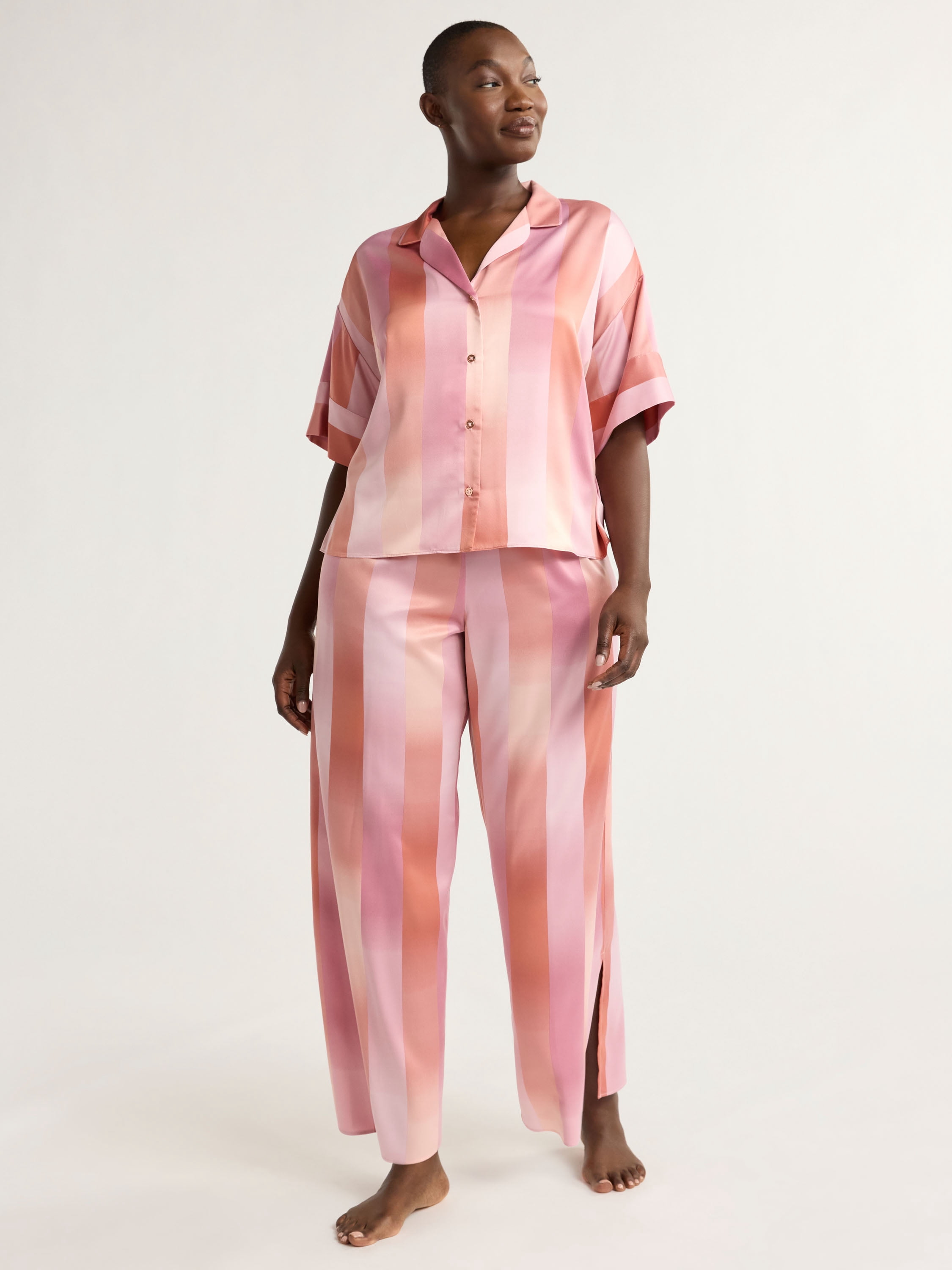 Joyspun Women’s and Women’s Plus Stretch Satin Pajama Set, Sizes S to 3X