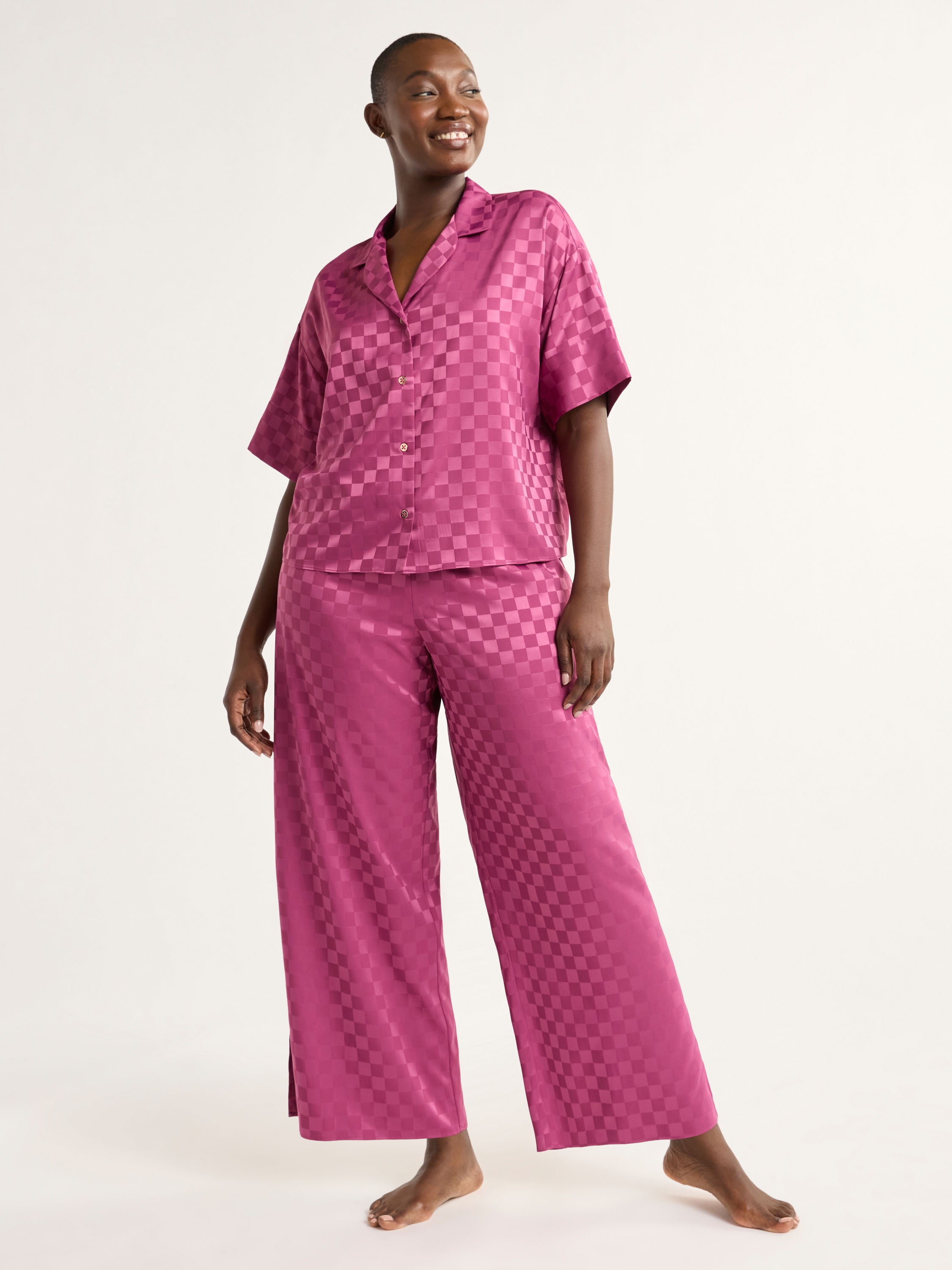 Joyspun Women’s and Women’s Plus Stretch Satin Pajama Set, Sizes S to 3X