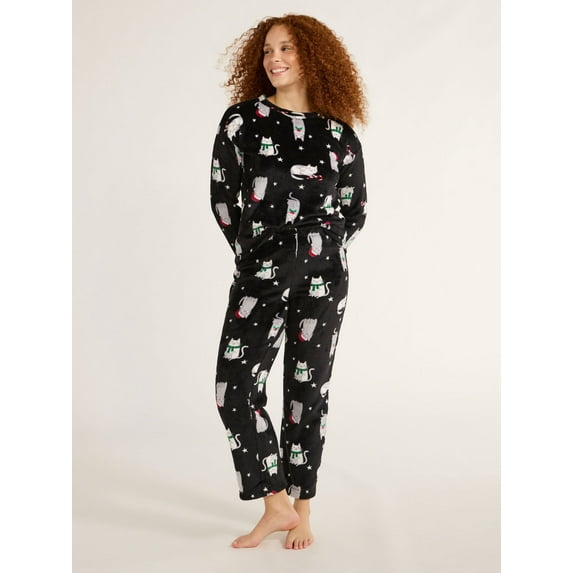 Joyspun Women's Folded Giftable Plush Long Sleeve Top with Pant Pajamas Set, 2-Piece, Sizes S to 3X