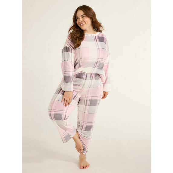 Joyspun Women's and Women’s Plus Super Minky Fleece Long Sleeve Top with Pajama Pants, Giftable 2-Piece Set, Sizes S to 3XL