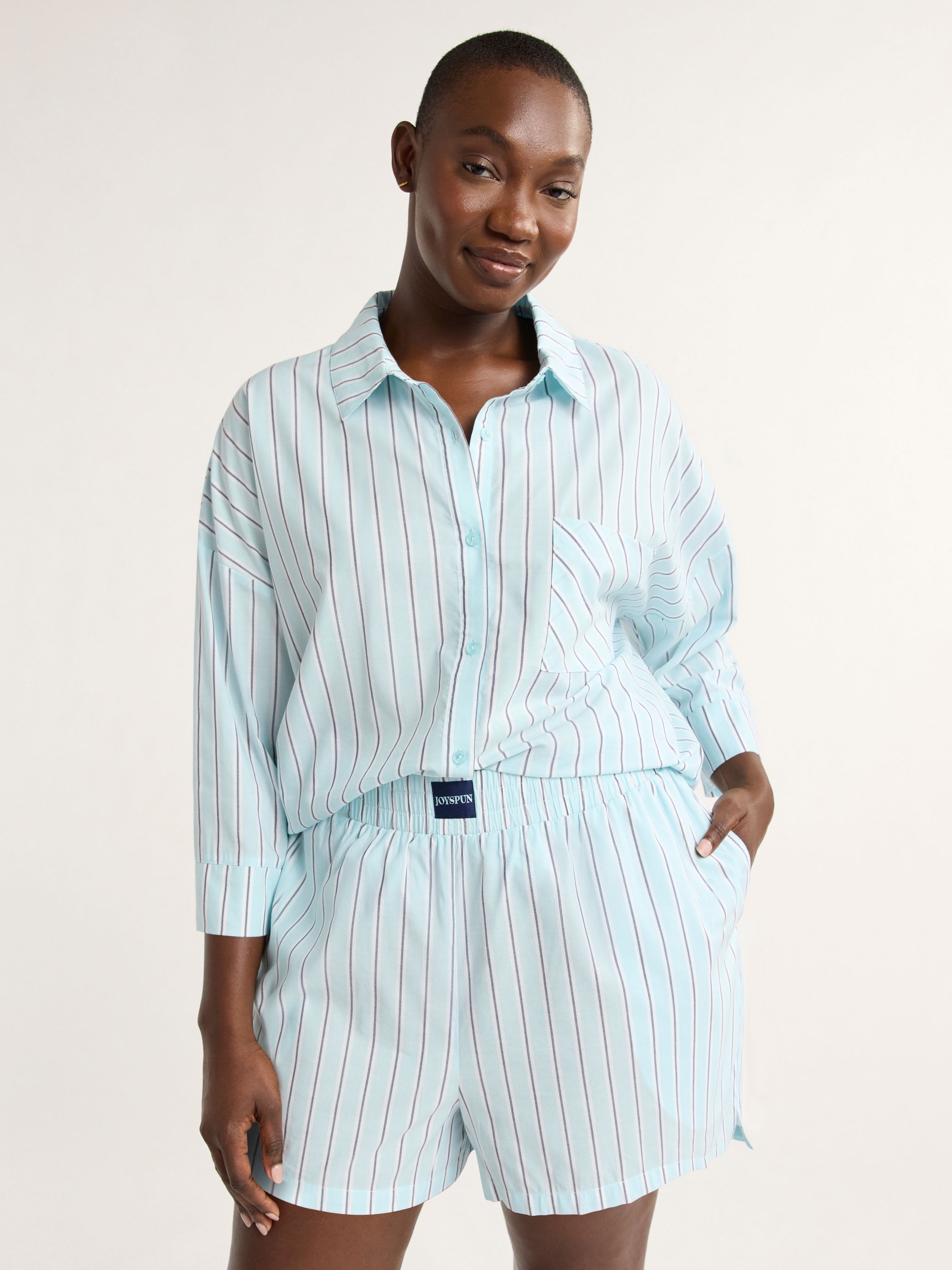 Joyspun Women’s Woven ¾ Sleeve Notch Collar Top and Boxer Shorts Pajama Set, Sizes XS-3X