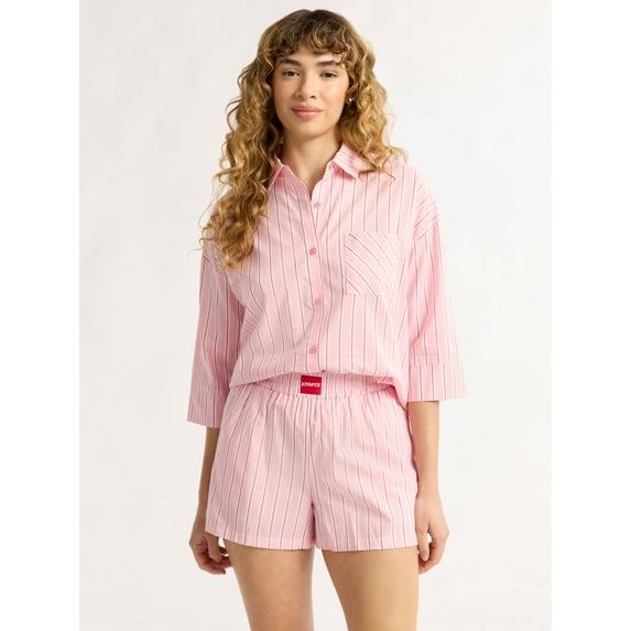 Joyspun Women’s Woven ¾ Sleeve Notch Collar Top and Boxer Shorts Pajama Set, Sizes XS-3X
