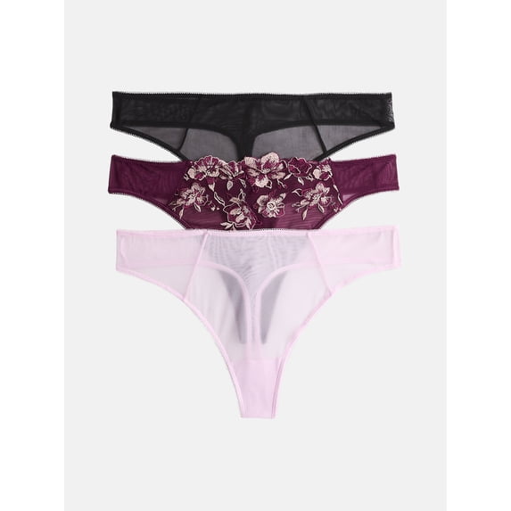 Joyspun Women'sEmbroidered Mesh Thong, 3-Pack, XS - XXXL