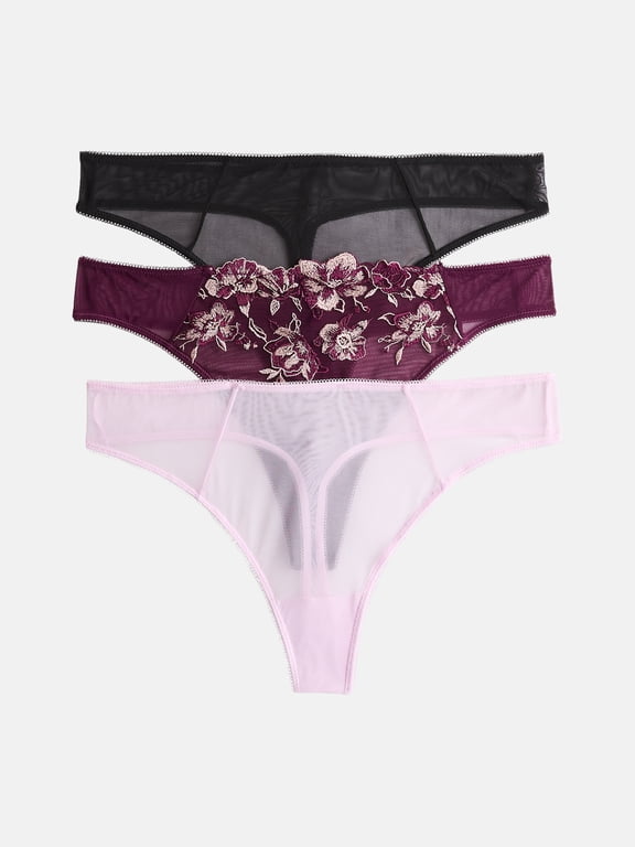 Women'sEmbroidered Mesh Thong, 3-Pack, XS - XXXL