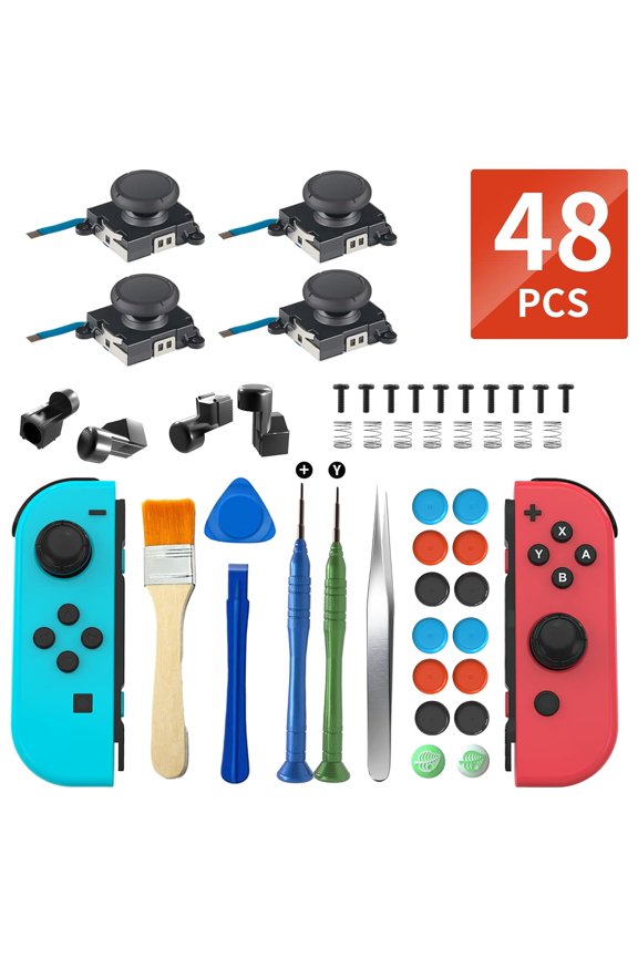 Joystick Replacement Kit for Joy con ( 48 in one), Replacement for Switch/ Switch Lite/ Switch OLED Joy con, Include 4 Thumb 3D Sticks, 4 Metal Buckles, 2 Screwdrivers, Pry Tool, 14 Thumbstick Grips