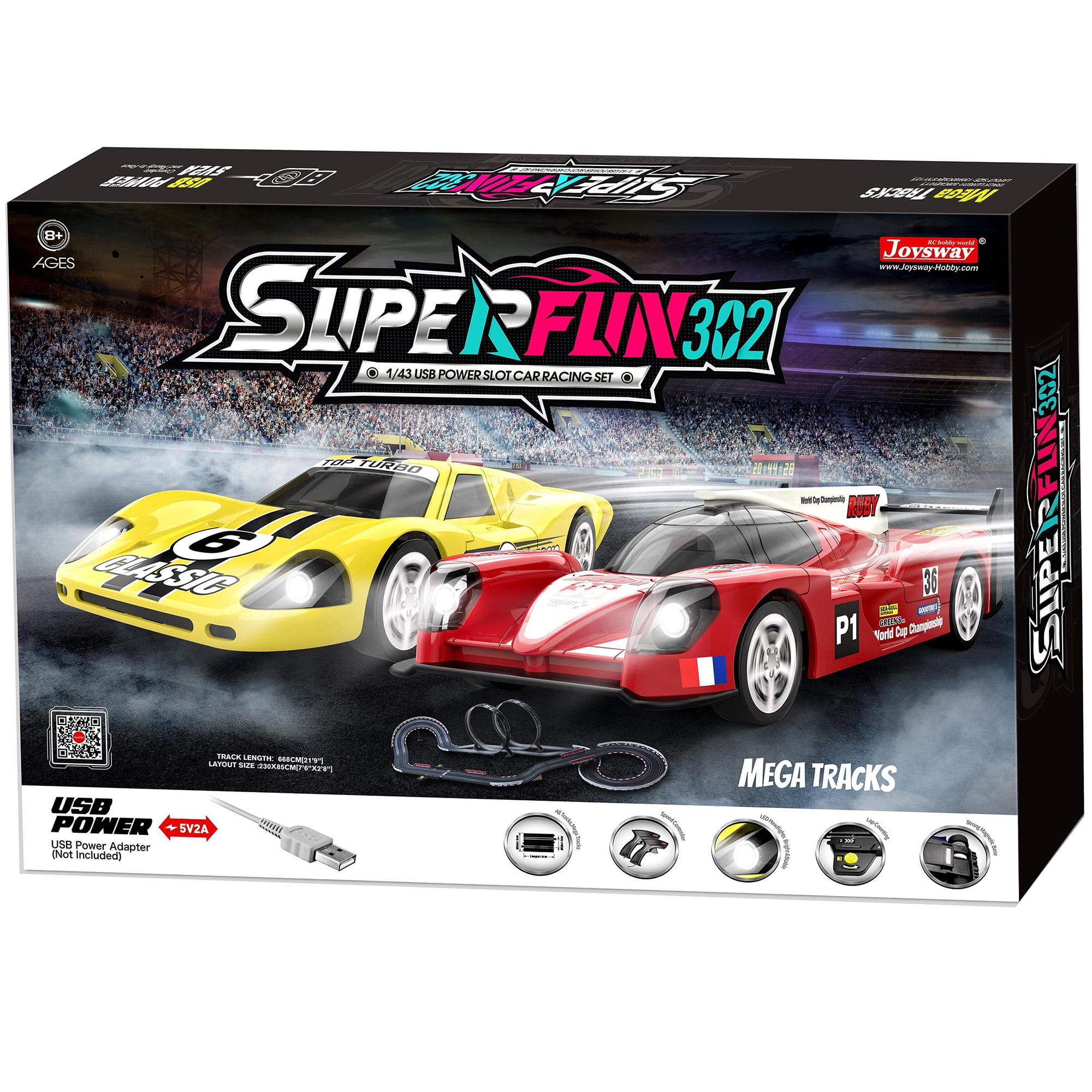 Joysway SuperFun 302 1/43 USB Power Slot Car Racing Set, Layout Size