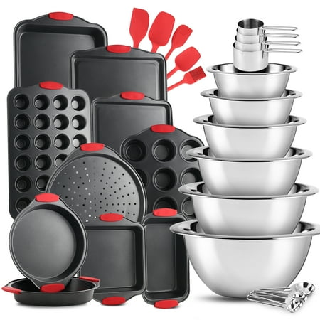 Joytable Black Bakeware Set-29 Piece Nonstick Set with Stainless Steel Mixing Includes Bowls, Baking Pans, Measuring Cups & Spoons and Silicone Spatulas etc