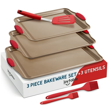 Joytable Cookie Sheet Pan Set, 6pc Nonstick Baking Pan Sheet Set with Red Silicone Handles, Brown
