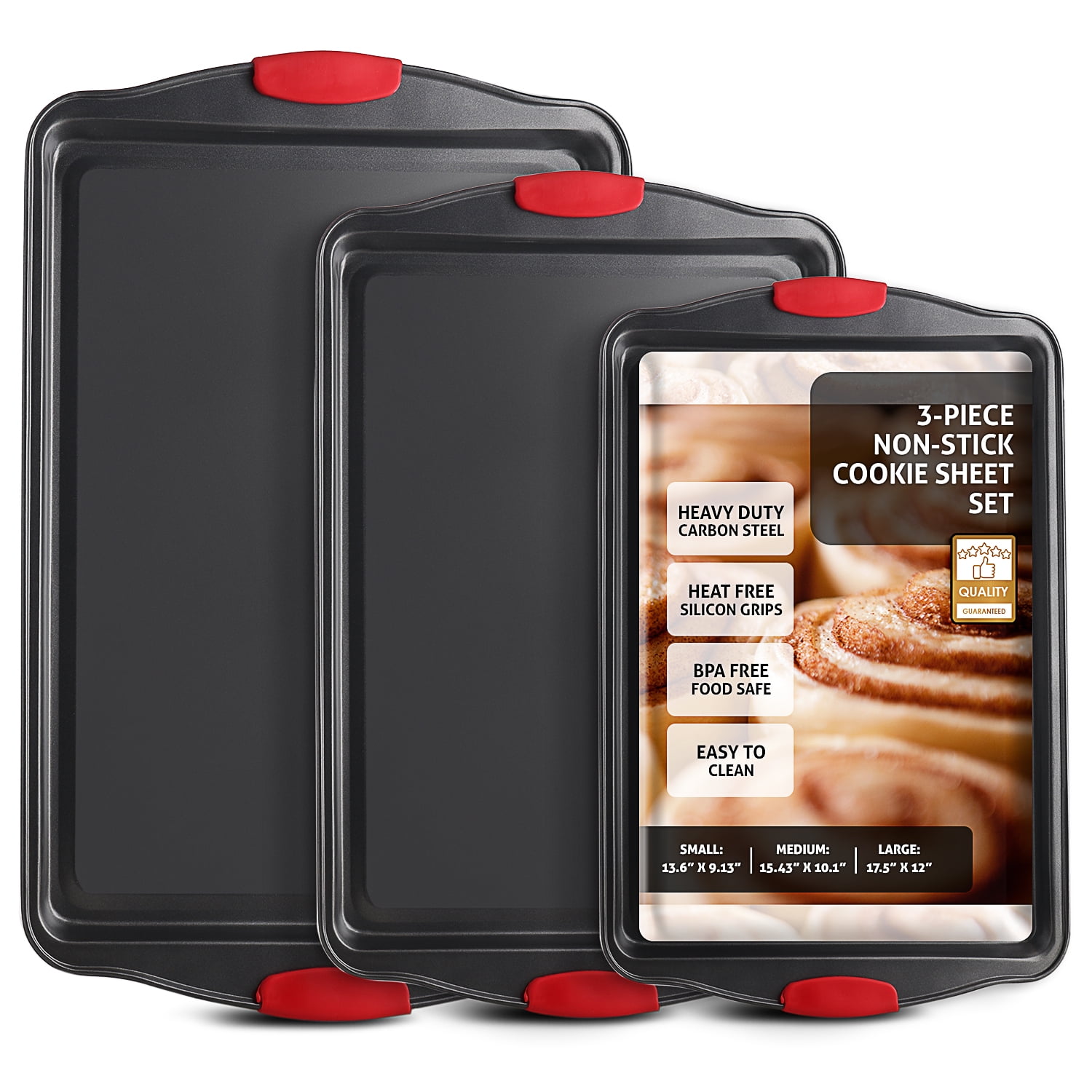 Premium Non-Stick Baking Sheets Set of 3 - Deluxe BPA Free, Easy to Clean  Racks w/Silicone Handles - Bakeware Pans for Cooking Baking Roasting - Lets