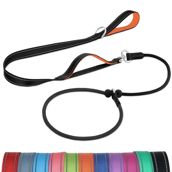 Joytale 6FT No-Tangle Slip Lead Dog Leash – Padded Double Handle, Reflective Nylon, for Small & Medium Dogs, Black/Orange