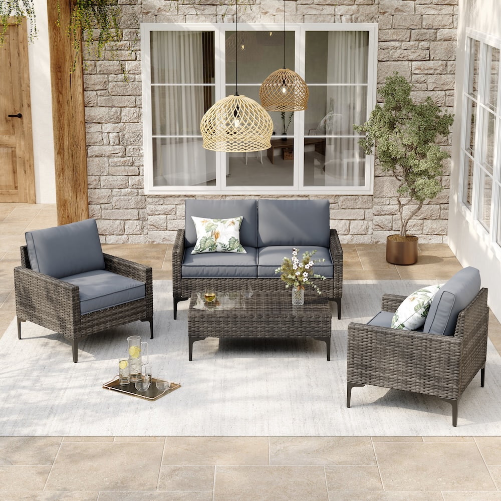 Joyure 4-Piece Patio Wicker Conversation Set with Glass Table - Walmart.com