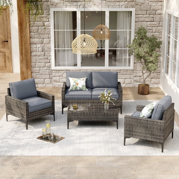 Joyure 4-Piece Patio Furniture Set,Outdoor Wicker Patio Conversation Set with Tempered Glass Table,All-Weather Rattan Sectional Loveseat&Chairs with Thick Cushions for Garden,Deck,Backyard-Grey