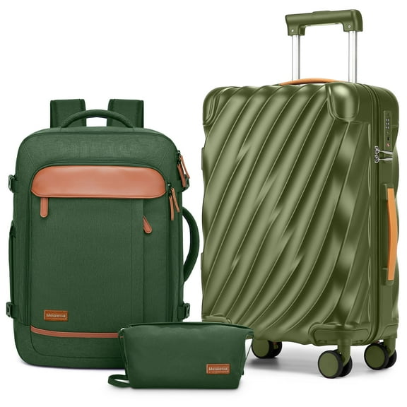 Joyway 3-Piece Carry on Luggage PC Ultra-Hard Shell Lightweight Suitcase TSA Lock Brake Spinner Wheels with Backpack Green
