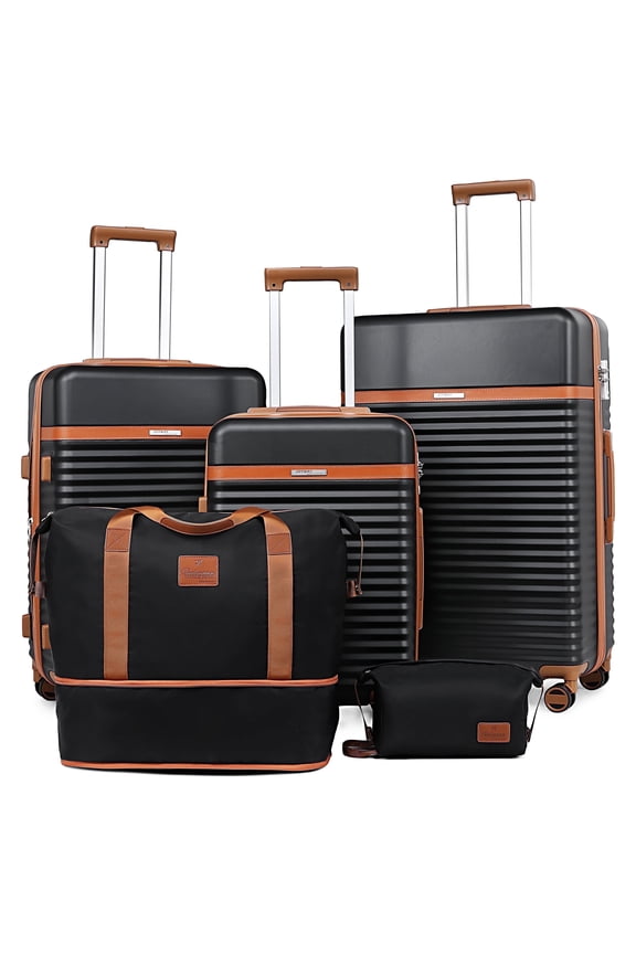 5-Piece Luggage Set ABS Hardshell Spinner Suitcase with TSA Lock（Expandable 20"and 24" Carry-On）28"Checked Luggage-Black