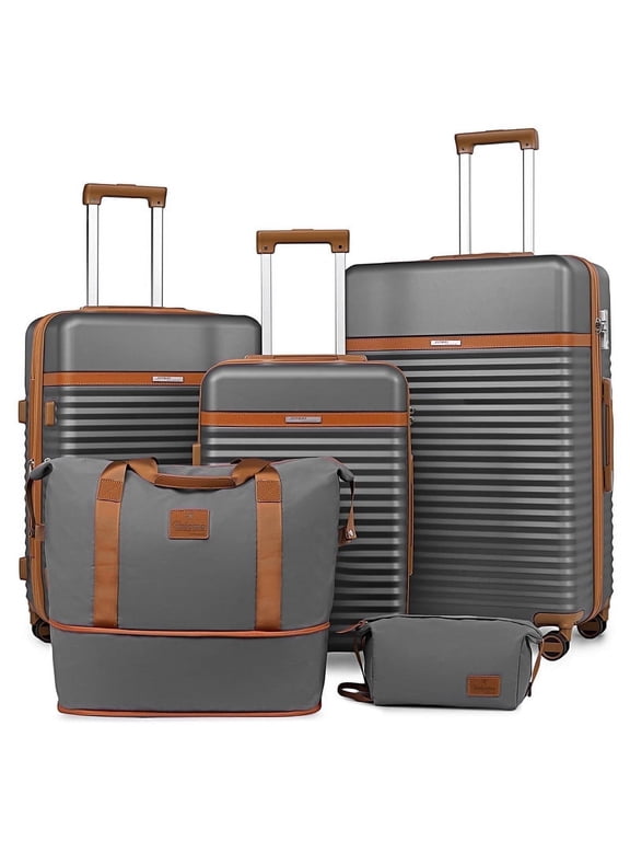 5-Piece Luggage Set ABS Hardshell Spinner Suitcase with TSA Lock(Expandable 20"and 24" Carry-On)28"Checked Luggage-Grey