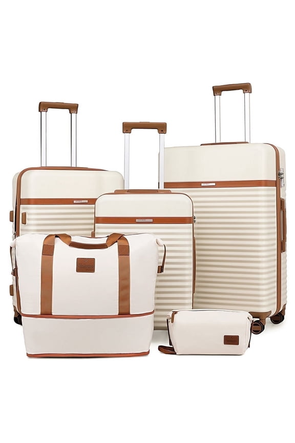 5-Piece Luggage Set ABS Hardshell Spinner Suitcase with TSA Lock（Expandable 20"and 24" Carry-On）28"Checked Luggage-White