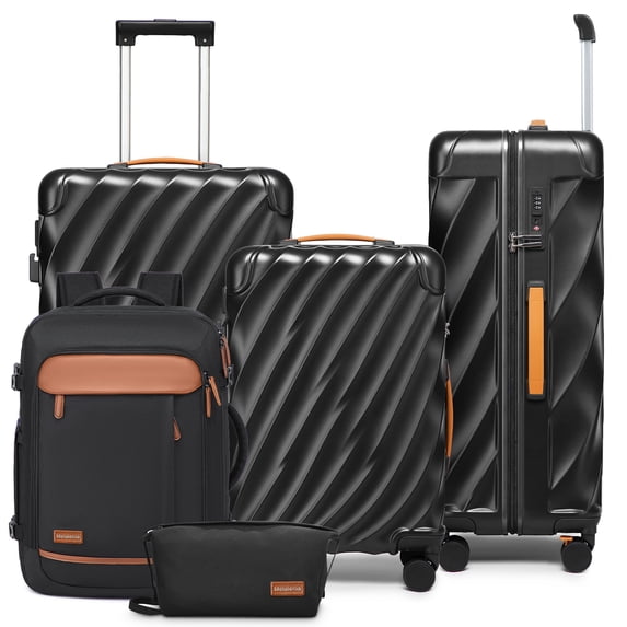 Joyway 5-Piece Luggage Set PC Ultra-Hard Shell Lightweight Suitcase TSA Lock Brake Spinner Wheels (20/24/29) with Backpack Black