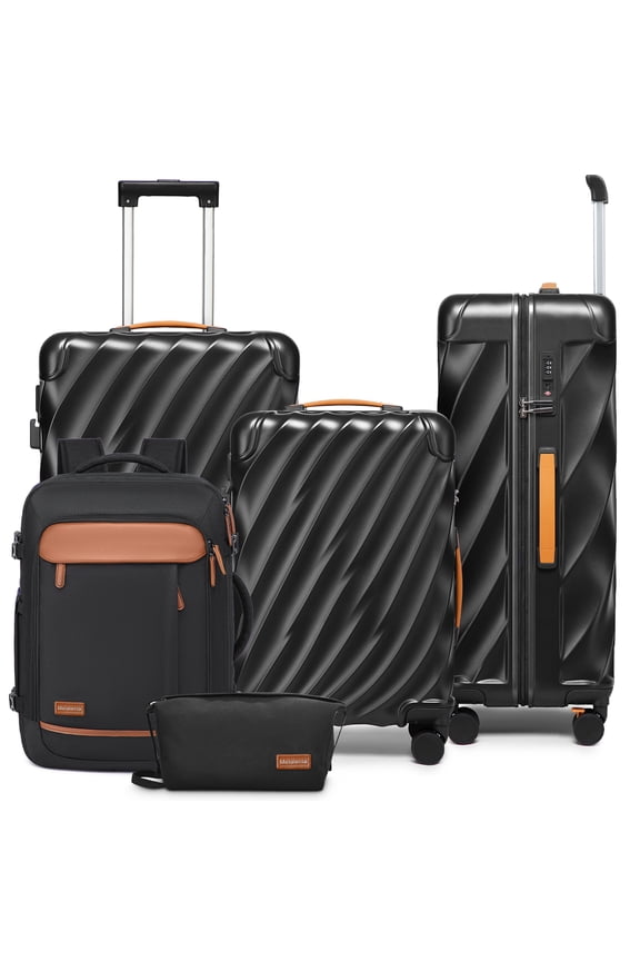 5-Piece Luggage Set PC Ultra-Hard Shell Lightweight Suitcase TSA Lock Brake Spinner Wheels (20/24/29) with Backpack Black