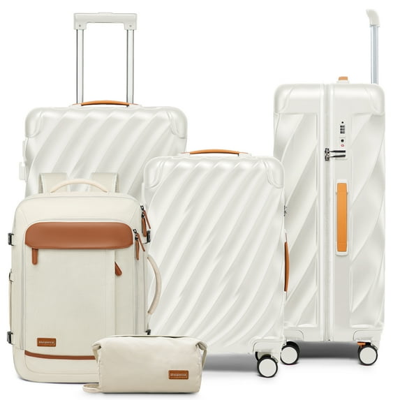 Joyway 5-Piece Luggage Set PC Ultra-Hard Shell Lightweight Suitcase TSA Lock Brake Spinner Wheels (20/24/29) with Backpack White