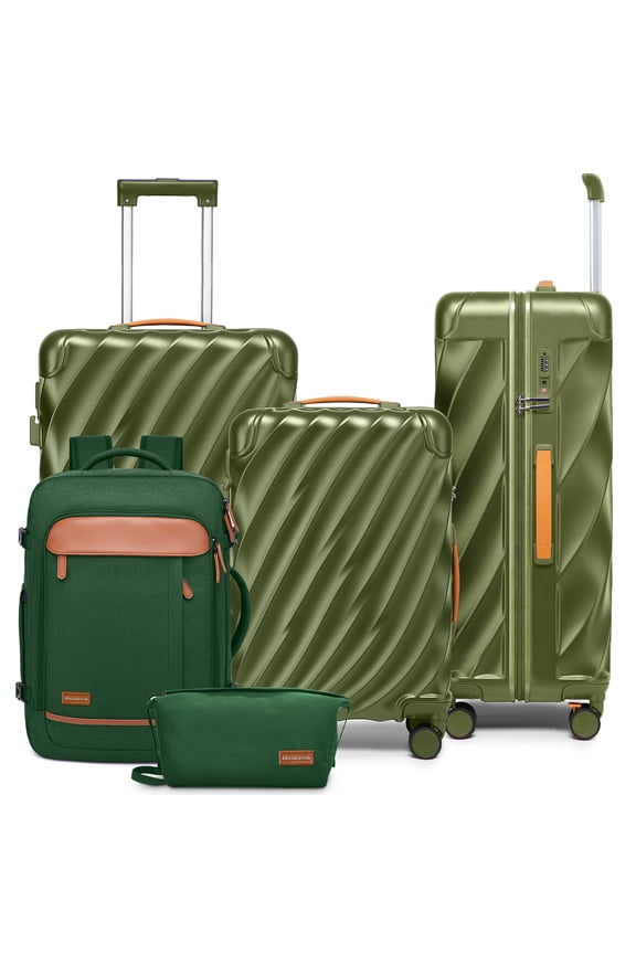 5-Piece Luggage Set PC Ultra-Hard Shell Lightweight Suitcase TSA Lock Brake Spinner Wheels (20/24/29) with Backpack Green