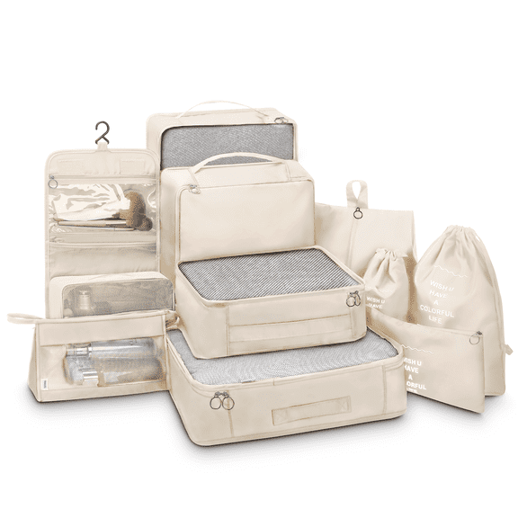 Joyway Packing Cubes 10 Piece Travel Packing Organizers with Extra Large Toiletries Bag for Clothes,Cosmetics,Shoes,Toiletry-Beige