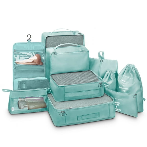 Joyway Packing Cubes 10 Piece Travel Packing Organizers with Extra Large Toiletries Bag for Clothes,Cosmetics,Shoes,Toiletry-Green