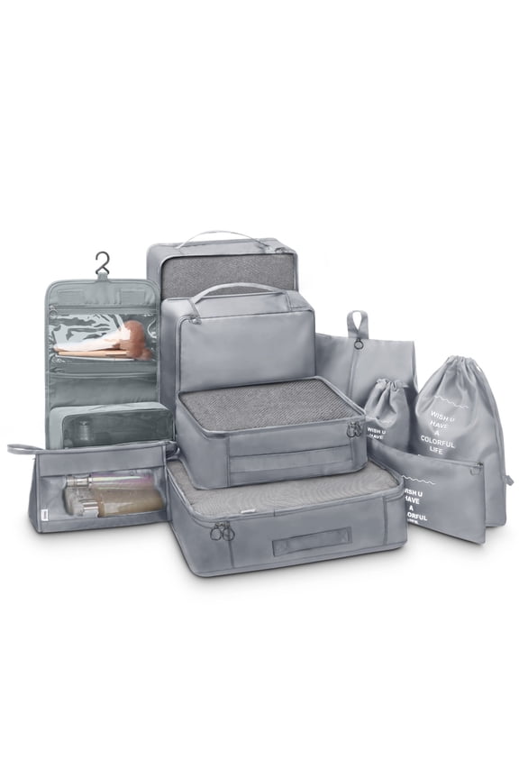 Packing Cubes 10 Piece Travel Packing Organizers with Extra Large Toiletries Bag for Clothes，Cosmetics，Shoes，Toiletry-Grey