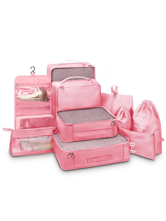 Packing Cubes 10 Piece Travel Packing Organizers with Extra Large Toiletries Bag for Clothes,Cosmetics,Shoes,Toiletry-Pink