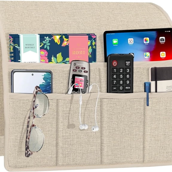 Joywell Beige Remote Control Holder Recliner Armchair Caddy Couch Caddy Sofa Armrest Organizer Linen Fabric Tan Taupe Sofa Arm Chair Caddie with 6 Pocket Storage for Magazine, Tablet, Phone, iPad