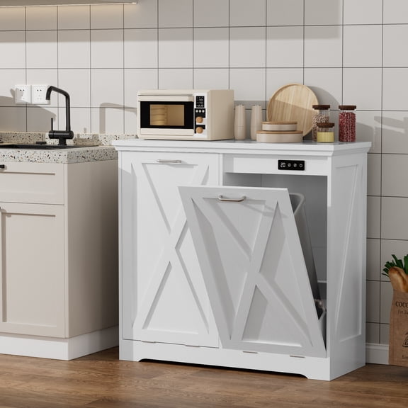 Joywind 13 Gallon Tilt Out Trash Can Cabinet, Kitchen Trash Cabinet With Deodorizing & Negative Ion Pet Proof,Farmhouse Dual Compartment MDF Tilt Out Trash Can Cabinet, White