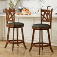 thumbnail image 1 of Joywind Farmhouse Swivel Bar Stools Set of 2, 24" Carved Lotus Barstools, Faux Leather Upholstered Counter Chairs with Solid Footrest & Wood Legs, Rustic Brown, 1 of 8