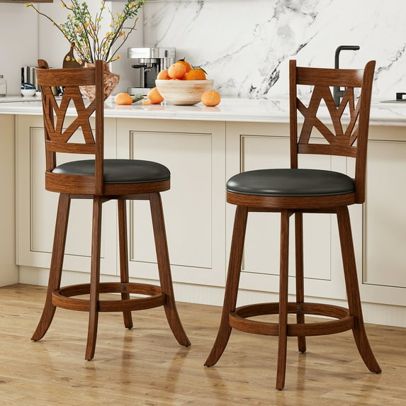 Joywind Farmhouse Swivel Bar Stools Set of 2, 24" Carved Lotus Barstools, Faux Leather Upholstered Counter Chairs with Solid Footrest & Wood Legs, Rustic Brown