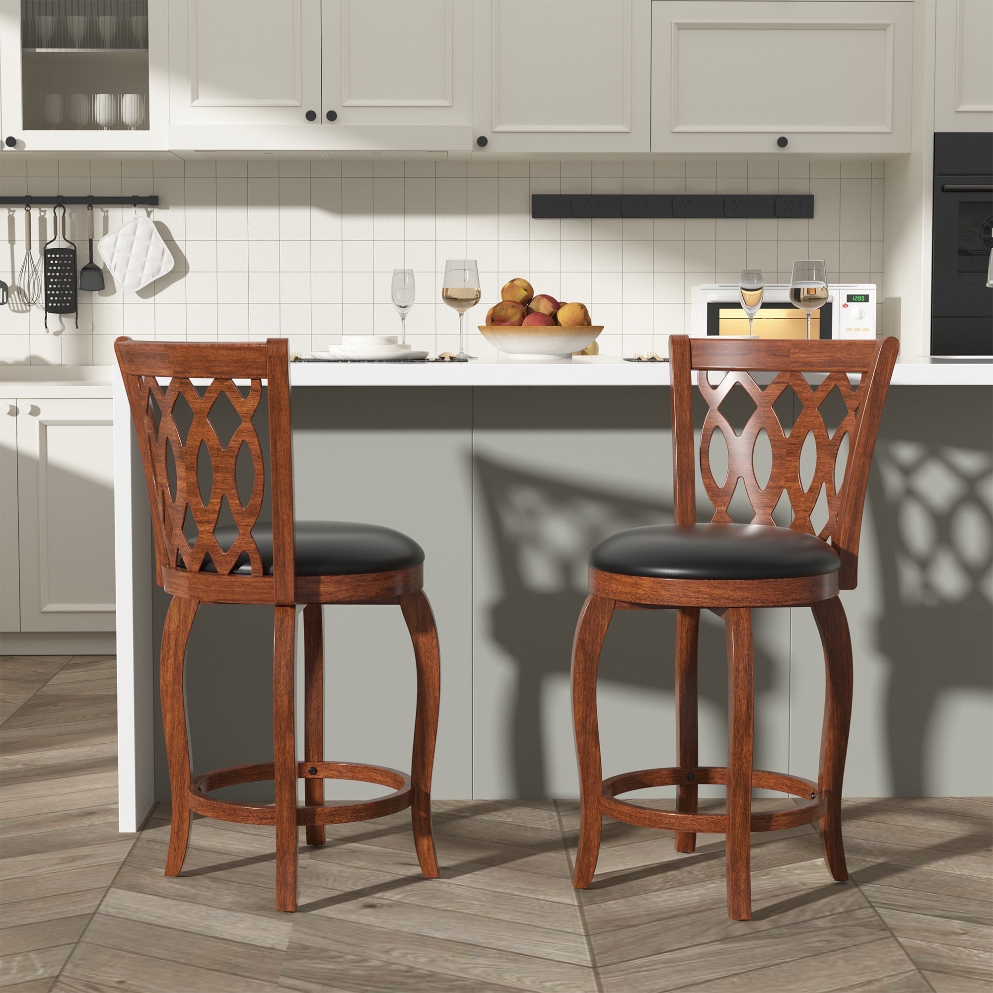 Joywind 24" Counter Height Swivel Bar Stools with High Back, Upholstered Seat & Solid Wood Footrest, Brown, Set of 2
