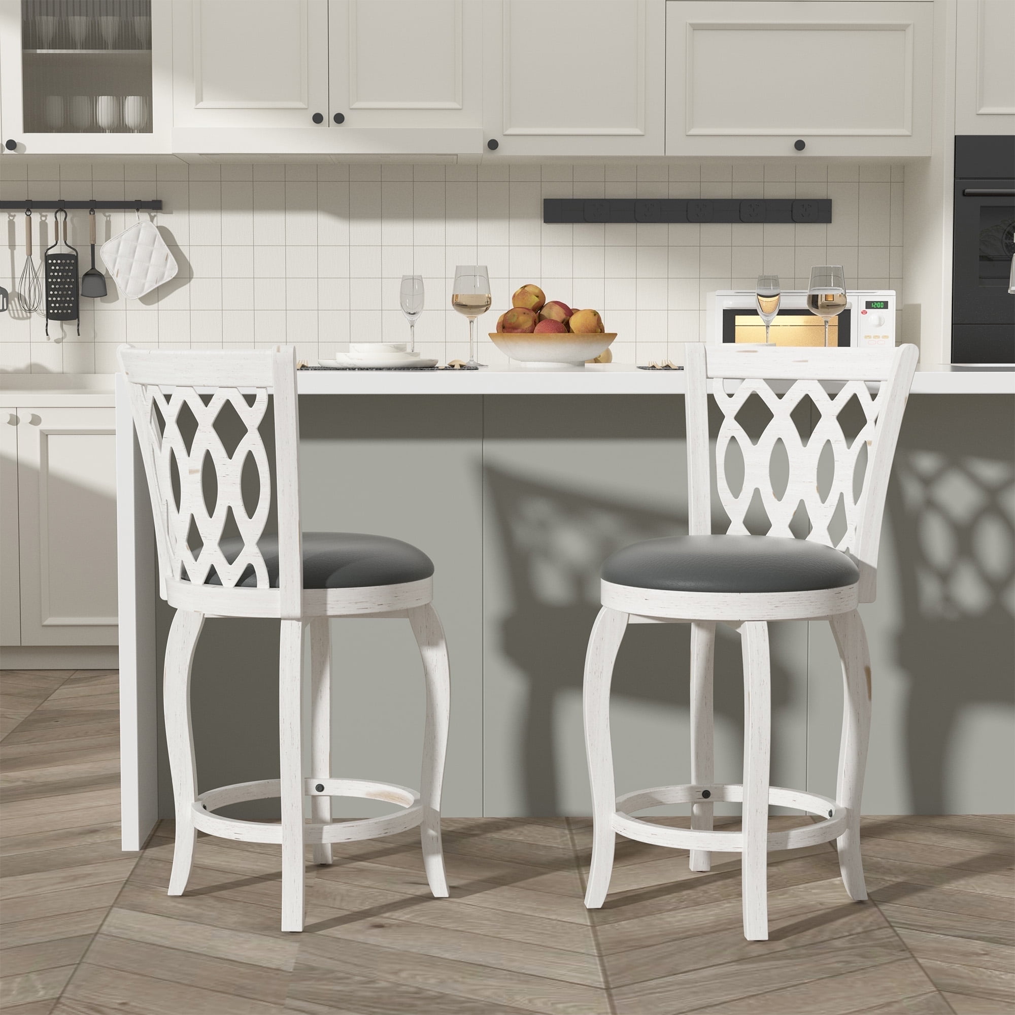 Joywind 24" Counter Height Swivel Bar Stools with High Back, Upholstered Seat & Solid Wood Footrest, White, Set of 2