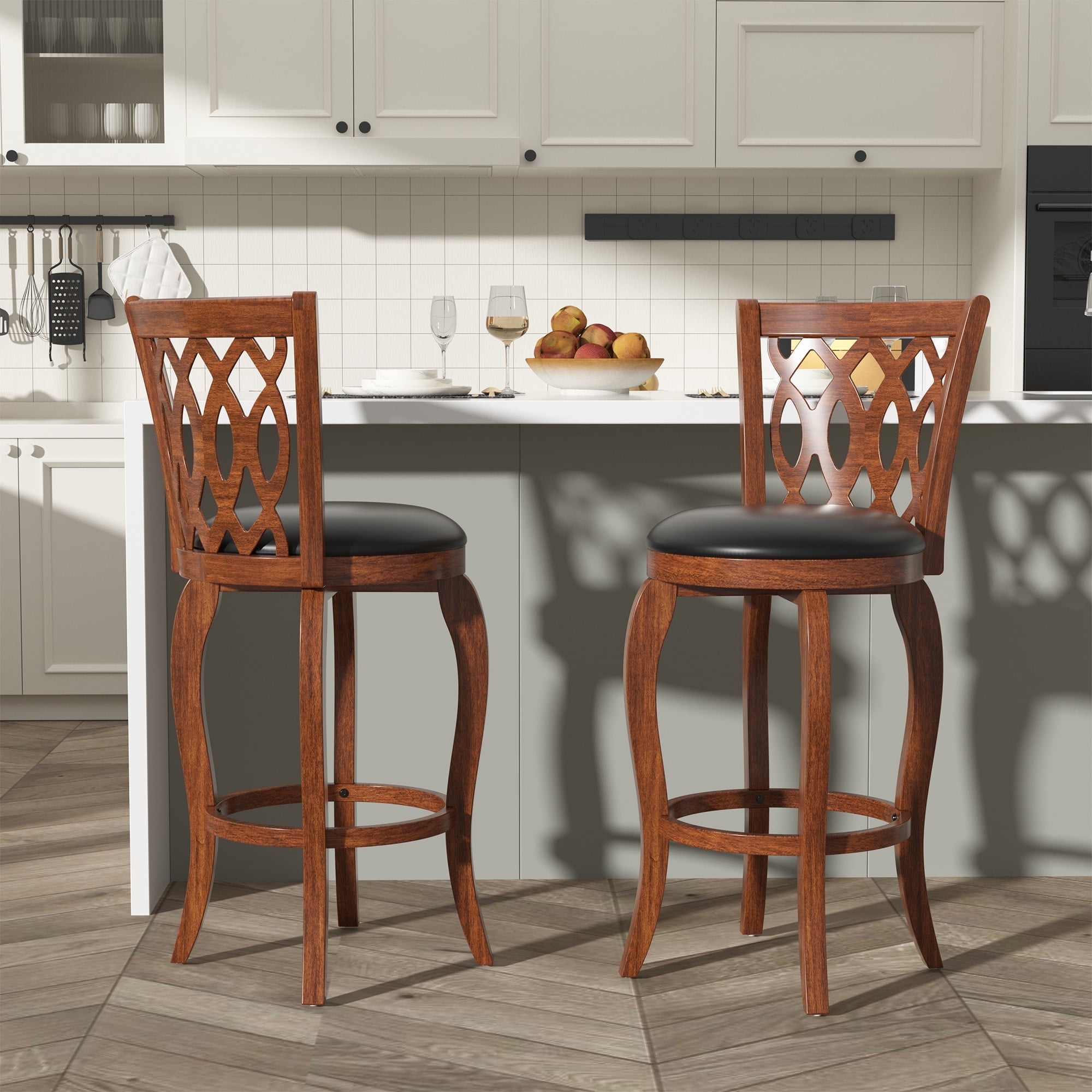Joywind 29" Bar Height Swivel Bar Stools with High Back, Upholstered Seat & Solid Wood Footrest, Brown, Set of 2