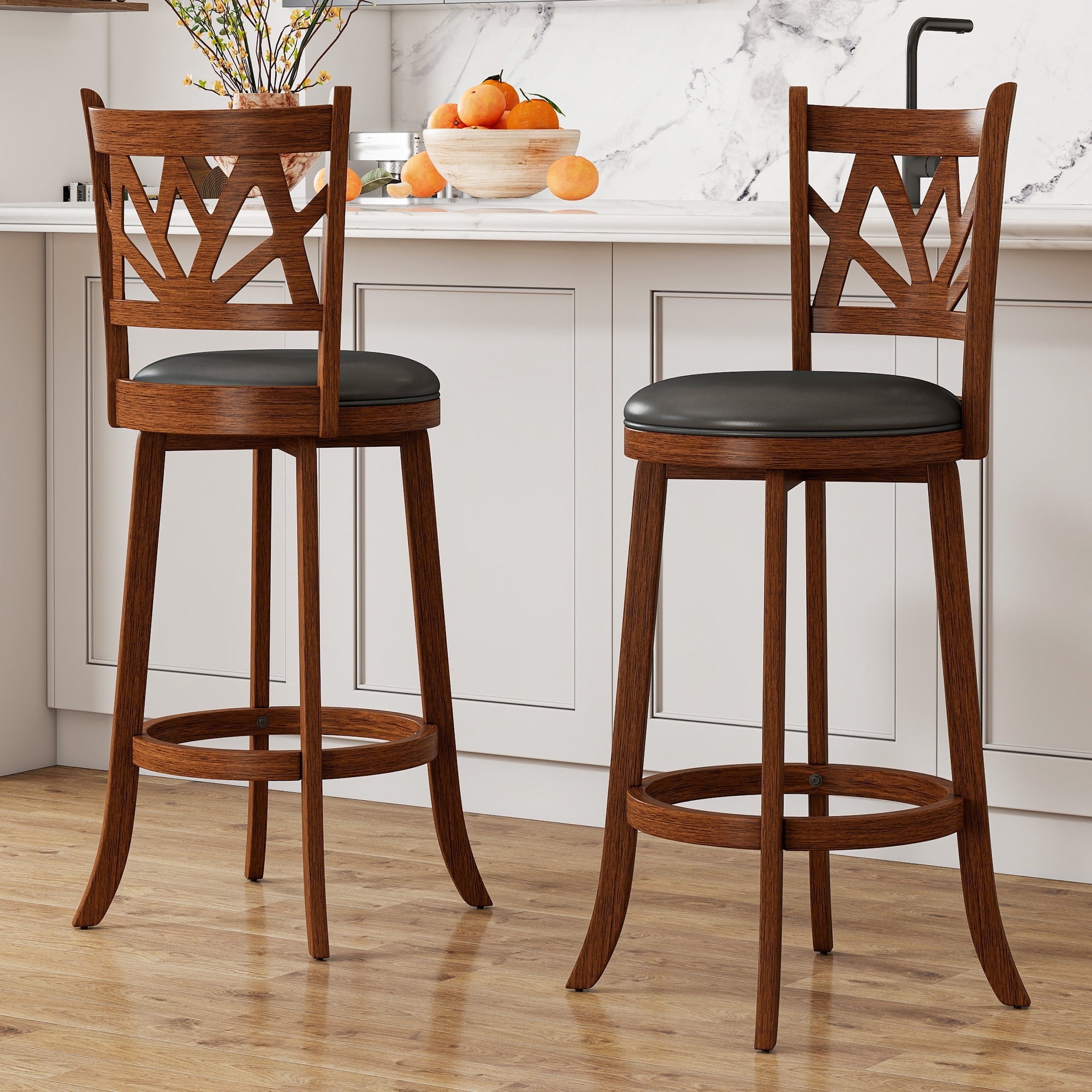 Joywind Farmhouse Swivel Bar Stools Set of 2, 30" Carved Lotus Barstools, Faux Leather Upholstered Bar Chairs with Solid Footrest & Wood Legs, Rustic Brown