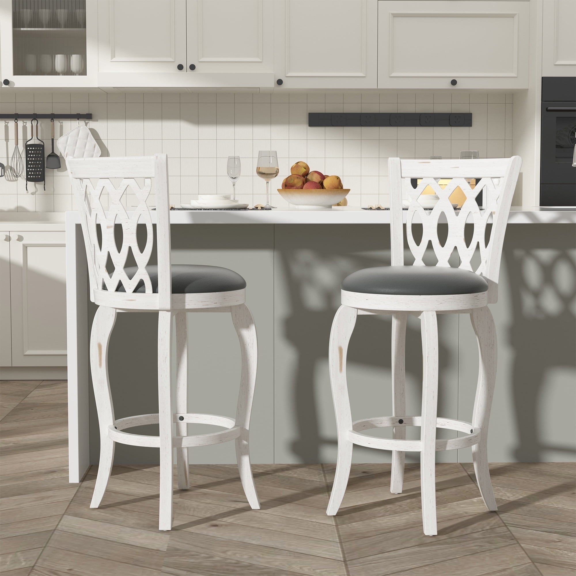 Joywind 29" Bar Height Swivel Bar Stools with High Back, Upholstered Seat & Solid Wood Footrest, White, Set of 2