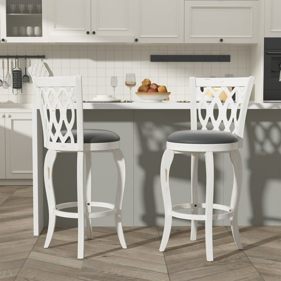 Joywind 29" Bar Height Swivel Bar Stools with High Back, Upholstered Seat & Solid Wood Footrest, White, Set of 2