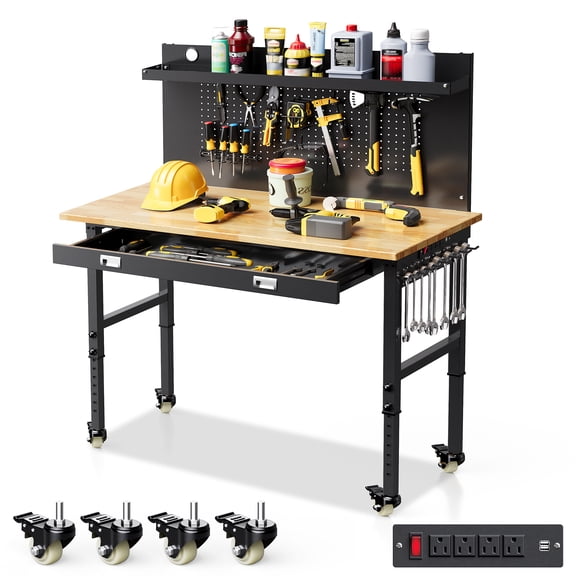 Joywind 48" Heavy-Duty Adjustable Workbench with Locking Wheels, Power Strip & Pegboard – Rubber Wood Work Table for Garage, Workshop, Home Office