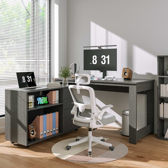 Joywind 55" L Shaped Corner Office Desk with File Cabinet & Wheels – 3 Drawers, 2 Shelves, Home Office Computer Desk with Storage, Gray