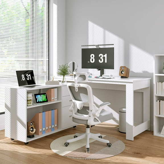 Joywind 55" L Shaped Corner Office Desk with File Cabinet & Wheels – 3 Drawers, 2 Shelves, Home Office Computer Desk with Storage, White