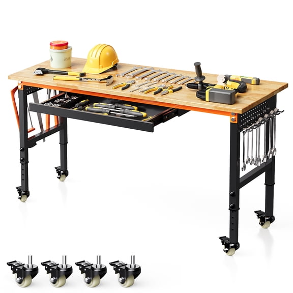 Joywind 60 inch Heavy-Duty Adjustable Workbench with Double Pegboards, Drawer and Wheels, 2000 lb Load Capacity, Solid Rubber Wood Top, 1 Count