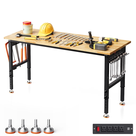 Joywind 60" Heavy-Duty Adjustable Workbench with Power Outlets & 2000LB Capacity, Solid Rubber Wood Top Workstation for Garage, Workshop, Office and Home