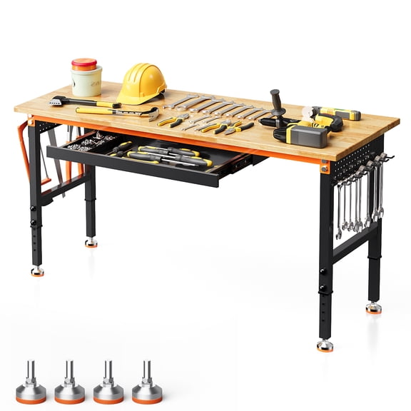 Joywind 60-Inch Adjustable Workbench,Heavy-Duty Wood Workbench for Garage, with Double Pegboard, Drawer