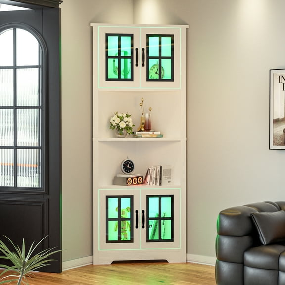 Joywind 67" White Corner Cabinet with LED Lights, Modern Tall Storage Hutch with Glass Doors & Shelves