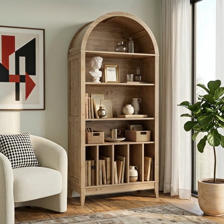 Joywind 69" 5-Tier Wood Arched Bookcase with Power Outlets, Freestanding Media Storage Tower, Curved Top Bookcase for Living Room, Bedroom, Natural